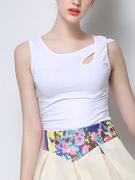 Romwe White Cutout Asymmetric Crisscross Shoulder Tank Top