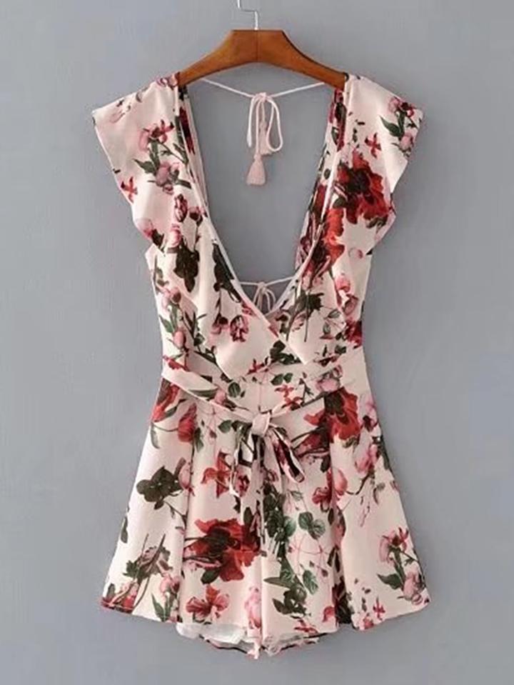 Romwe Flounce Trim Tasseled Tie Plunging Romper