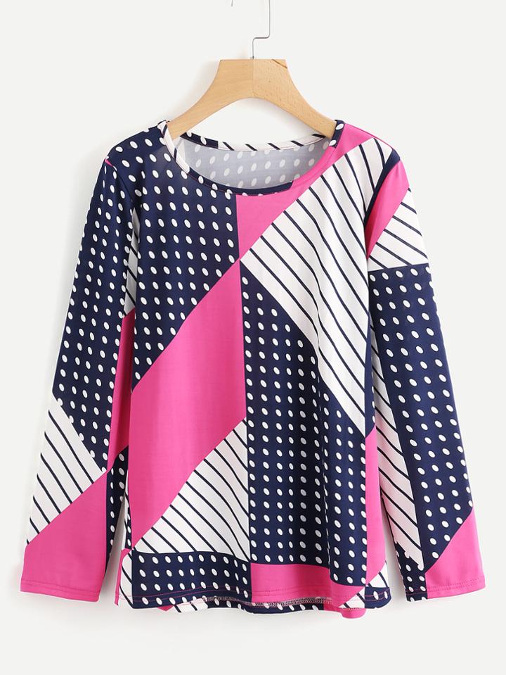 Romwe Color Block Polka Dot Tee