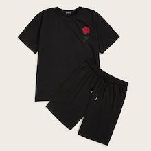 Romwe Guys Rose Embroidery Top & Drawstring Waist Shorts Set