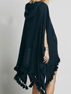 Romwe Navy Hooded V Neck Tassel Loose Cape