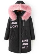 Romwe Black Printed Hooded Padded Coat With Contrast Faux Fur