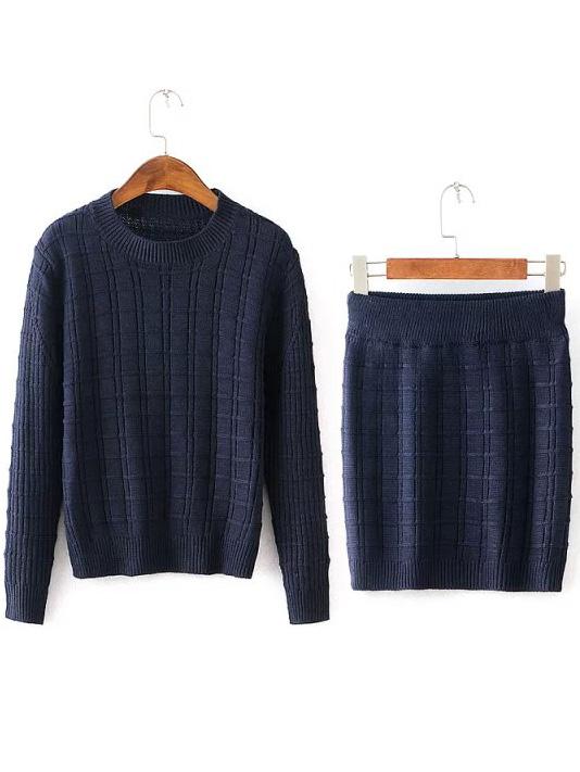 Romwe Long Sleeve Top With Knit Bodycon Navy Skirt