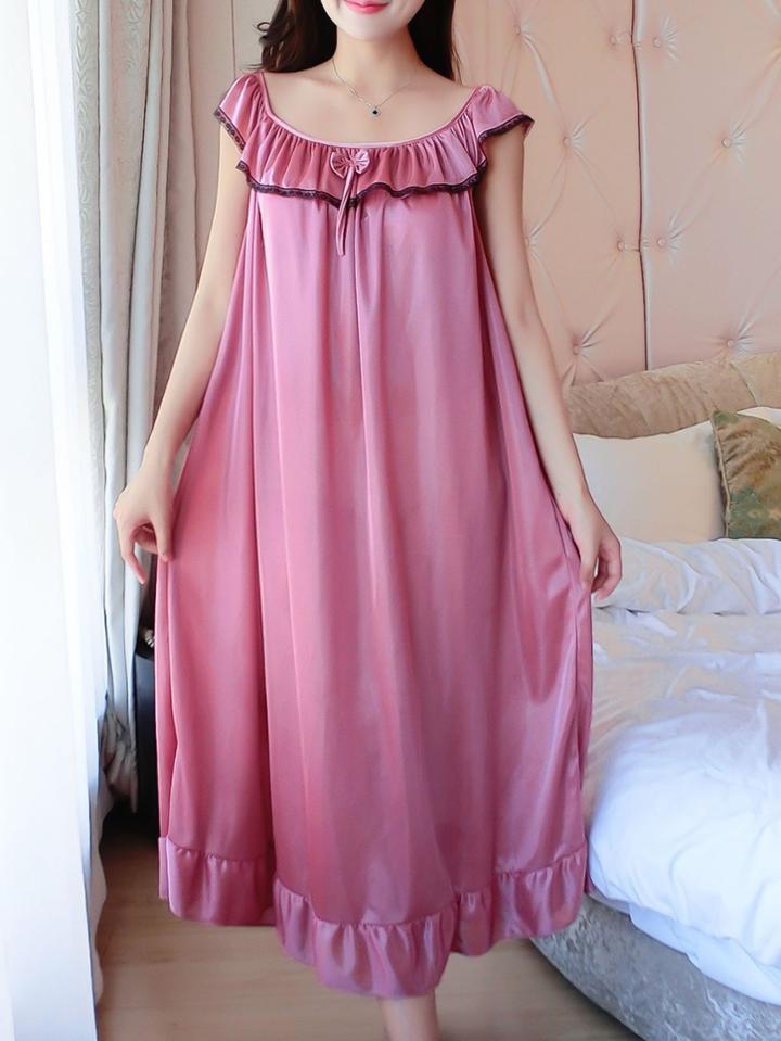 Romwe Bow Detail Ruffle Hem Night Dress