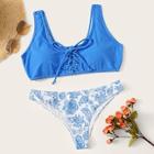Romwe Lace-up Front Top With Random Floral Bikini Set