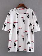 Romwe White Woodpecker Letter Printed T-shirt