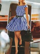 Romwe Short Sleeve Plaid Pleated Dress