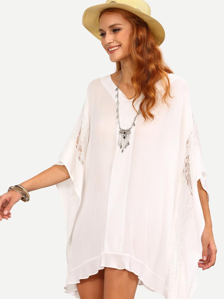 Romwe V-neck Lace Insert Poncho Dress - White