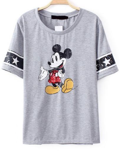 Romwe Mickey Print Sequined Grey T-shirt