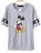 Romwe Mickey Print Sequined Grey T-shirt