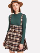 Romwe Button Detail Plaid Skirt With Strap