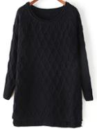 Romwe Dip Hem Diamond Black Sweater