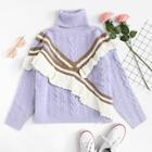Romwe Ruffle Embellished Mixed Knit Jumper