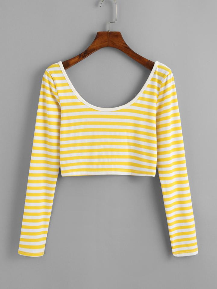 Romwe Scoop Neck Striped Crop Tee