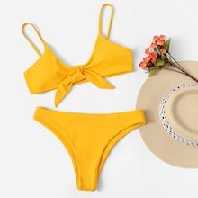 Romwe Knot Front Top With High Cut Bikini