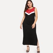Romwe Plus Colorblock Zip Neck Split Dress