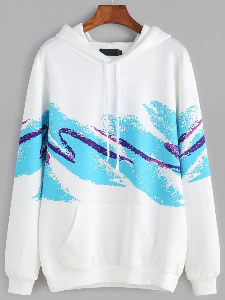 Romwe White Printed Drawstring Hooded Pocket Sweatshirt