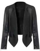 Romwe Black Contrast Pu Leather Tassel Crop Jacket