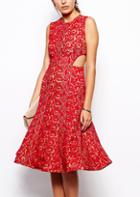 Romwe Waist Hollow Floral Crochet Red Lace Dress