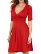 Romwe Deep Plunge Neck A-line Red Dress