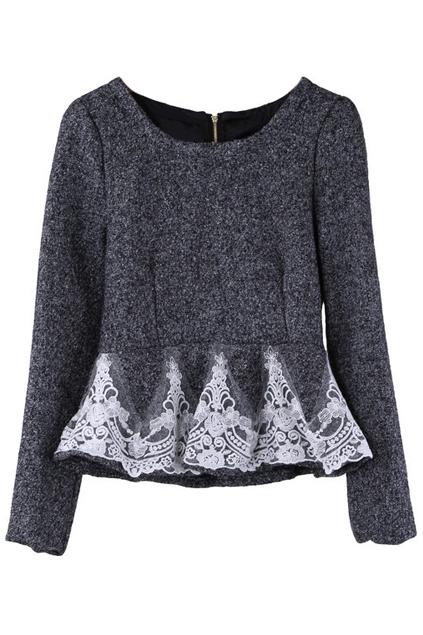 Romwe Lace Lower Dark Grey Woolen Blouse