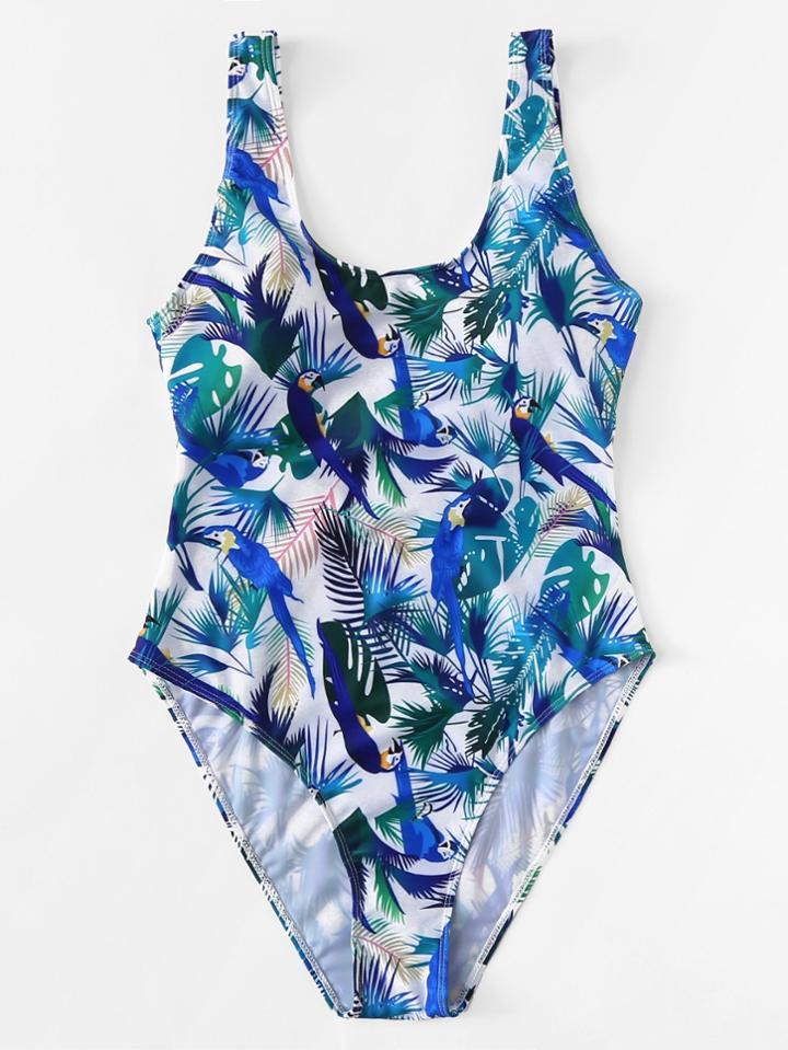 Romwe Bird Print Low Back Swimsuit