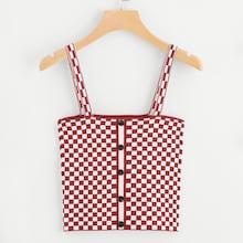 Romwe Button Front Plaid Shell Top
