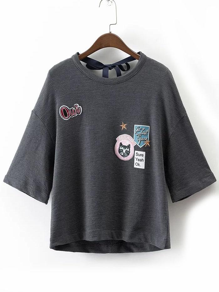 Romwe Grey Embroidery Drop Shoulder Tie Back T-shirt