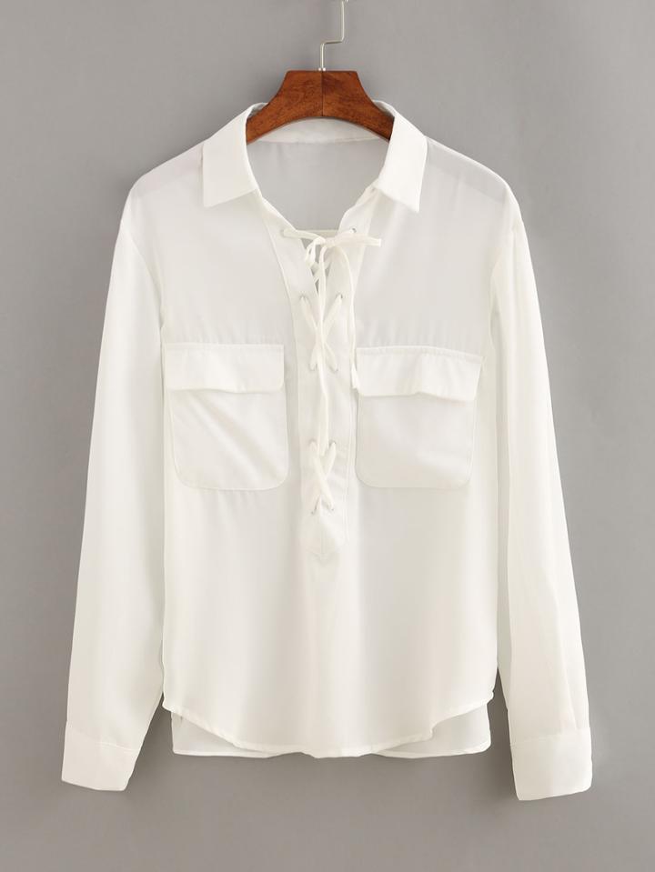 Romwe Lace-up Dual Flap Pocket White Chiffon Blouse
