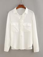 Romwe Lace-up Dual Flap Pocket White Chiffon Blouse