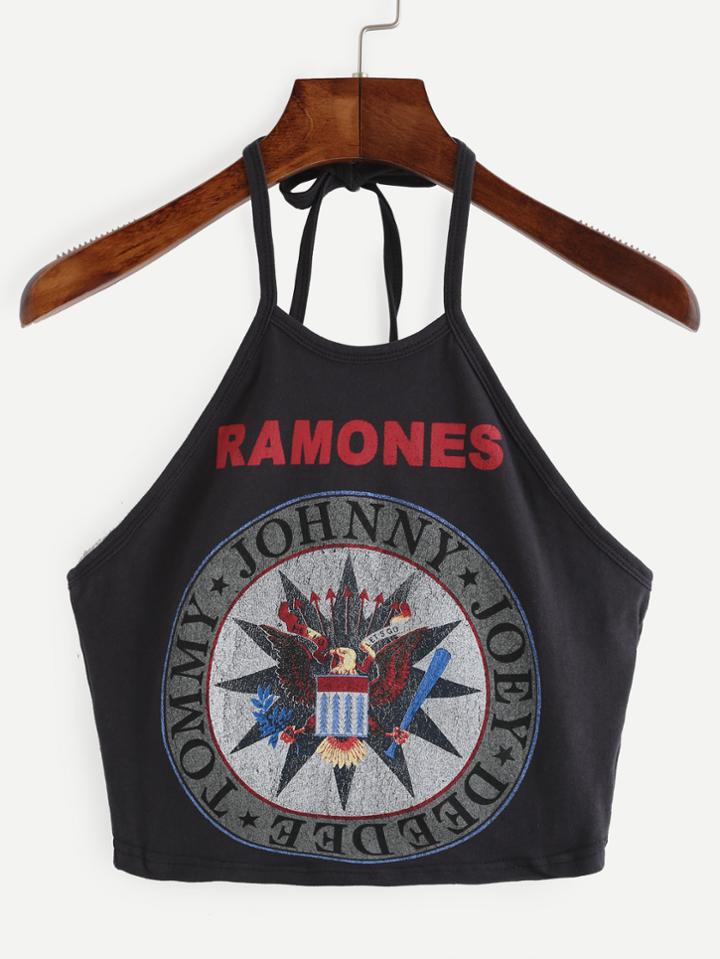 Romwe Black Badge Print Halter Neck Top