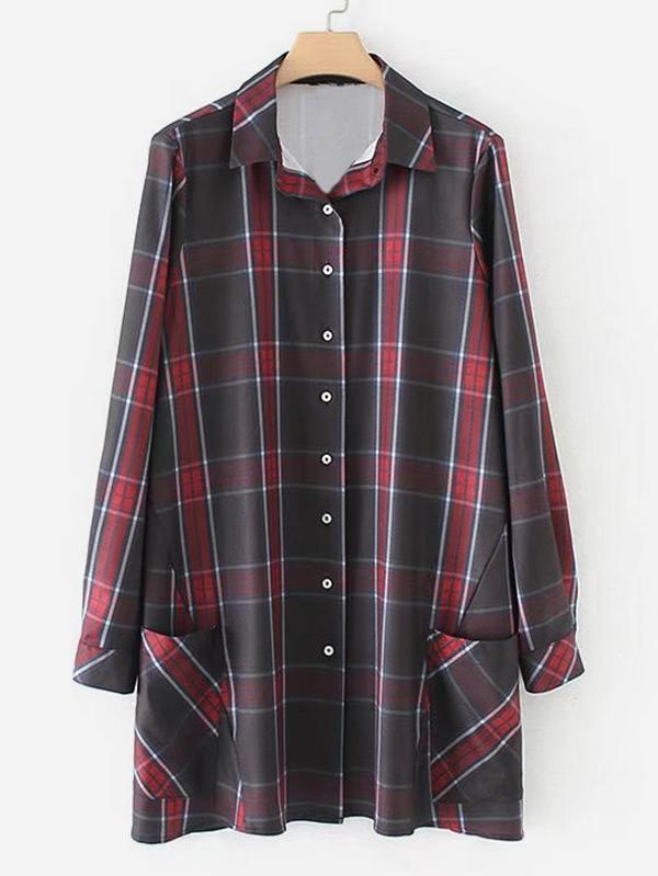Romwe Front Pocket Plaid Shirt Dress