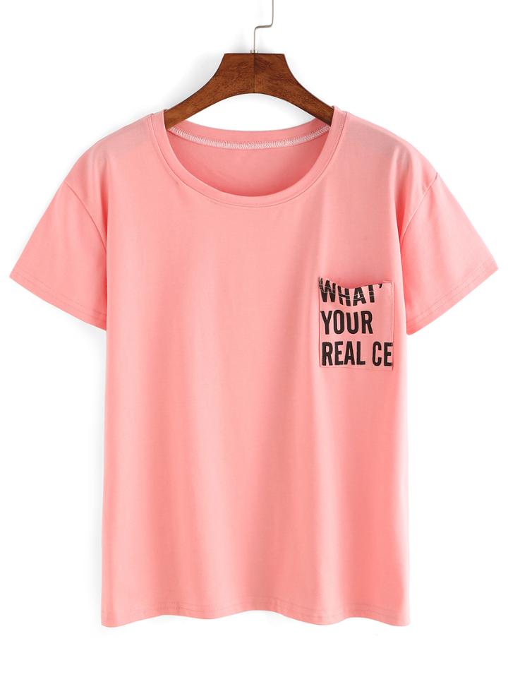 Romwe Letter Print Pocket T-shirt