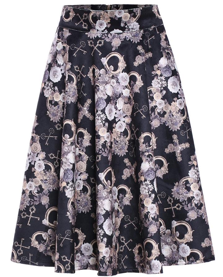 Romwe Key Print Midi Skirt