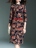 Romwe Navy Flowers Print Belted Sheath Dress