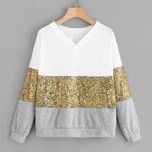 Romwe Contrast Sequin V-neck Sweatshirt