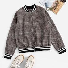 Romwe Zip Up Plaid Bomber Jacket