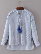 Romwe Blue Striped Tasseled Tie Neck High Low Blouse