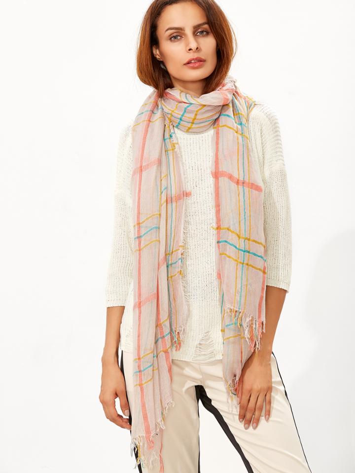 Romwe Multicolor Plaid Raw Edge Scarf