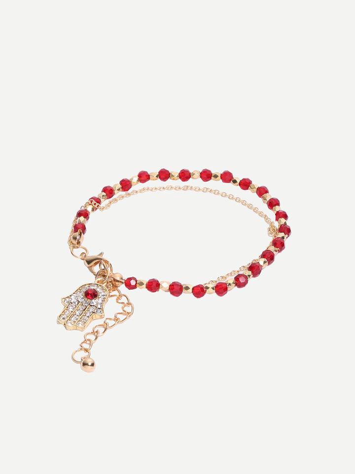 Romwe Red Beads Rhinestone Hamsa Hand Bracelet