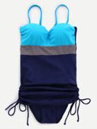 Romwe Color Block Drawstring Side Ruched One Piece Swimwear