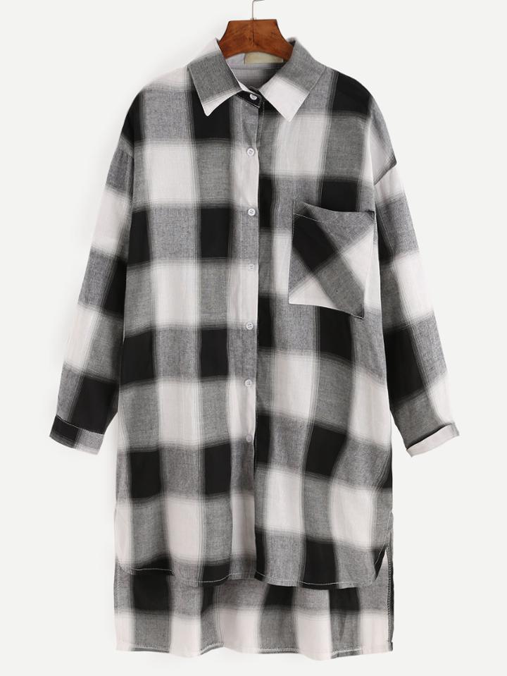 Romwe Black White Plaid Drop Shoulder High Low Shirt Dress