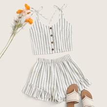 Romwe Striped Button Front Cami Top With Ruffle Hem Shorts