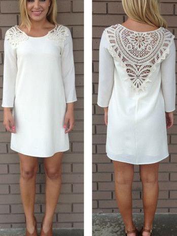 Romwe Lace Crochet Hollow Shift White Dress