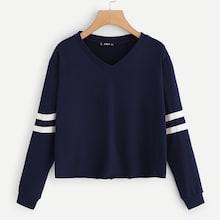 Romwe V-neck Striped Sleeve Raw Hem Sweatshirt