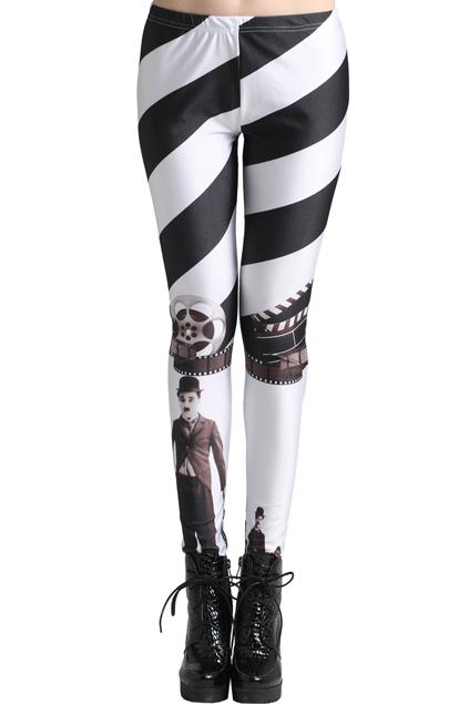Romwe Chaplin Stripe Print Black White Leggings