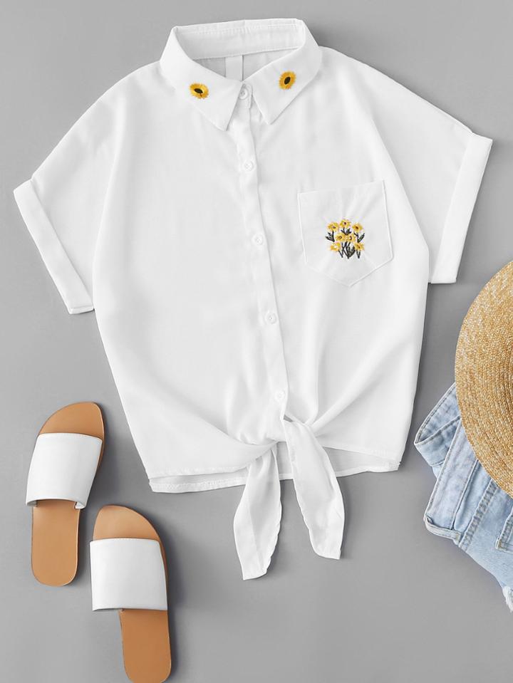 Romwe Floral Embroidered Tie Front Top