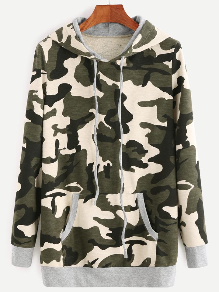 Romwe Camouflage Print Drawstring Hooded Sweatshirt With Pocket