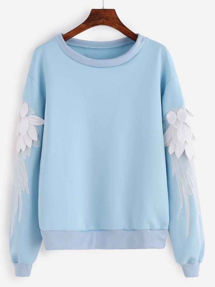 Romwe Blue Sleeve Embroidered Applique Sweatshirt