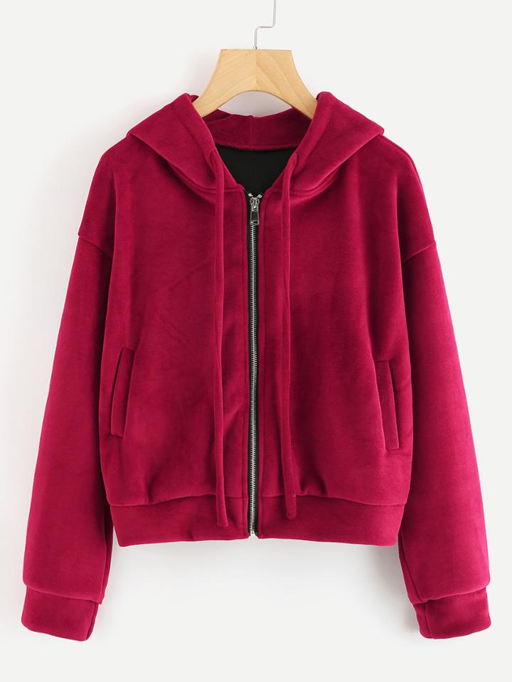 Romwe Drop Shoulder Zip Up Hooded Velvet Jacket